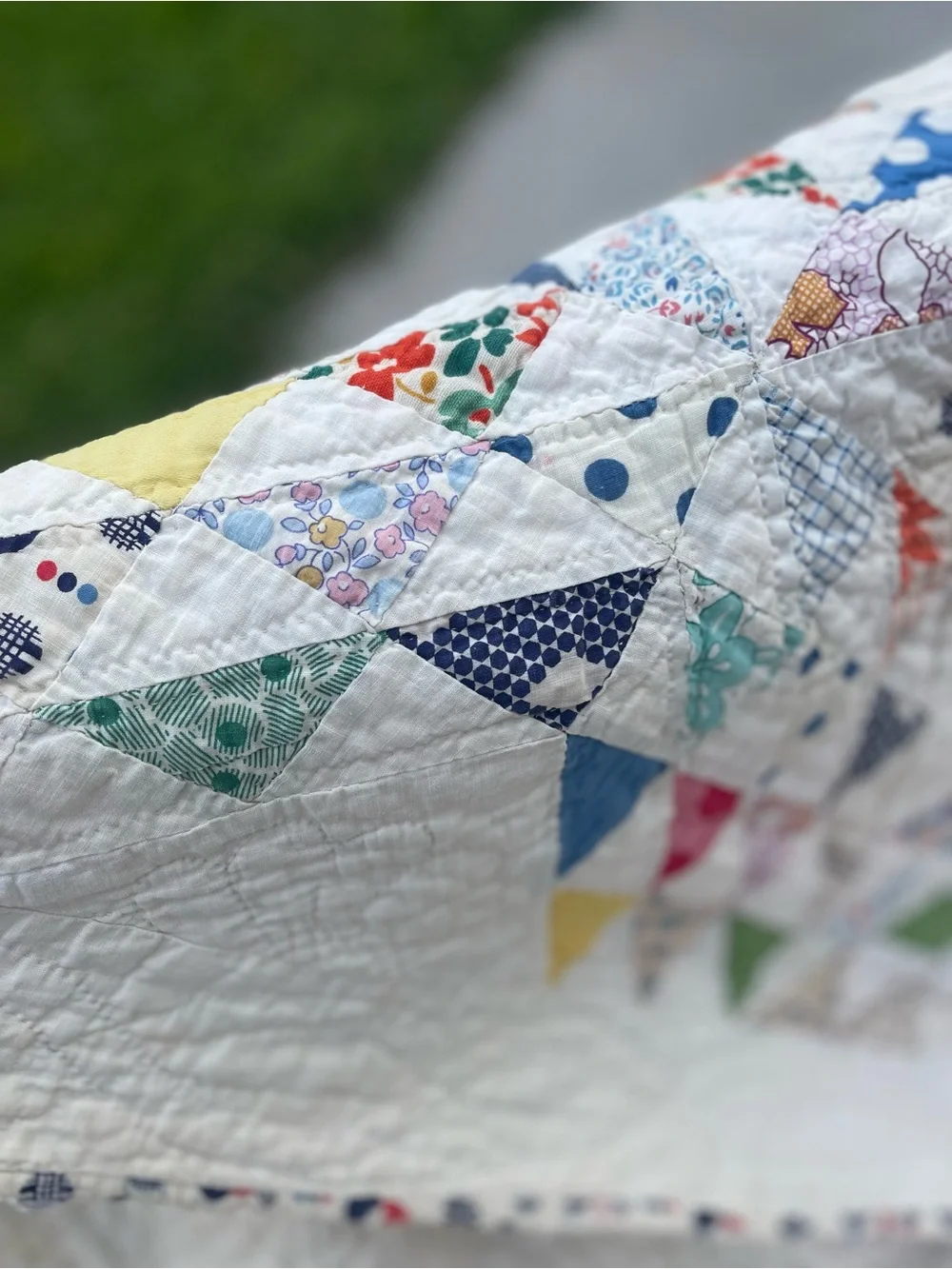Vintage Feedsack Ocean Wave Quilt Hand Quilted 82x70 Cottage Farmhouse